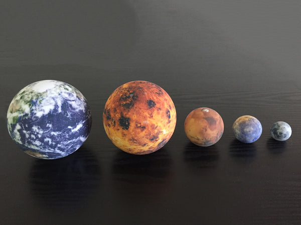 Earth, Venus, Mars, Mercury & the Moon to scale